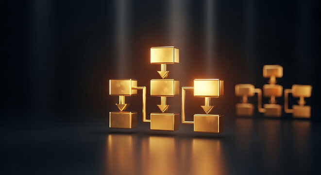 Three gold flowchart icons on a dark, reflective surface.