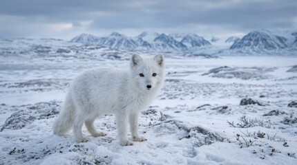 Obraz premium Arctic Fox Stands Proudly in Snowy Landscape with Mountains.