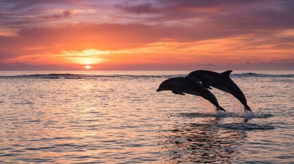 Fototapeta premium Dolphins Jumping at Sunset