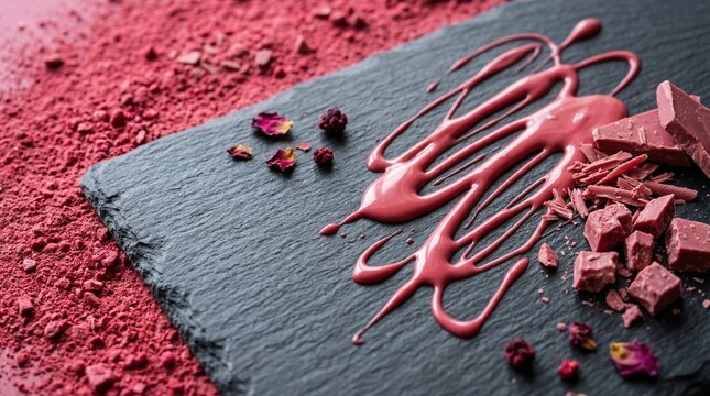 Melted ruby chocolate drizzle on a dark slate surface, vibrant pink-red cocoa texture background for premium pastry brand or wedding cake design, no faces, copy space