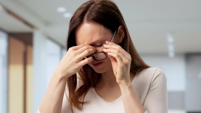 Eye Pain And Inflammation. Woman With Retina Fatigue
