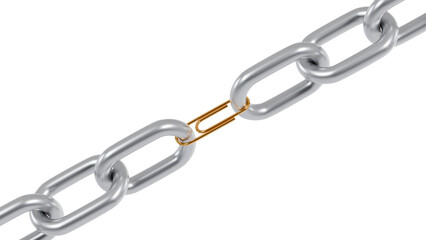 Obraz premium Chrome chain link connected by a gold paperclip. Silver metallic chain shown in a close-up diagonal. A thin golden paperclip serves as a fragile bridge, representing a weak link, creative solution.