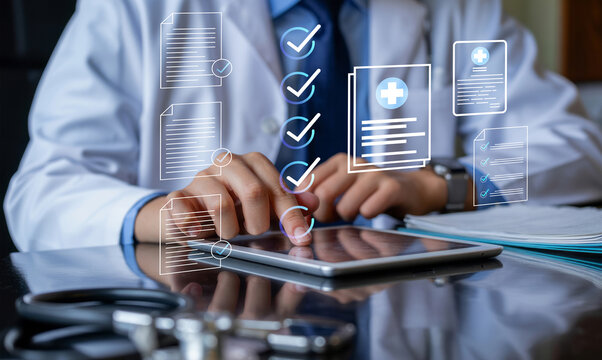 Online medical checklist and documentation system in use by doctor, concept of smart healthcare, physician assessment expert checks patient care quality, hospital assessment of treatment.