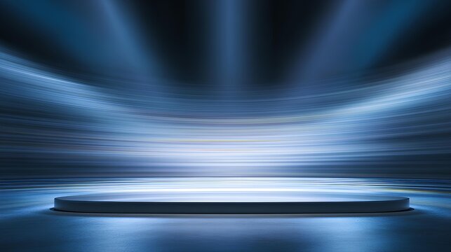Illuminated Platform: An empty, circular stage is dramatically illuminated by streaks of bright, ethereal light, perfect for showcasing a product or concept.