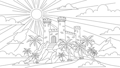 Fototapeta premium Magical Fantasy Castle on Tropical Mountain Island with Palm Trees and Bright Sun. Kids Coloring Page for Adventure.