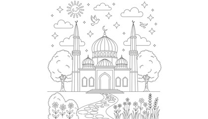 Creative Kids Coloring Page Mosque. Islamic Building Outline with Garden, Sun, and Stars. Educational Ramadan Activity