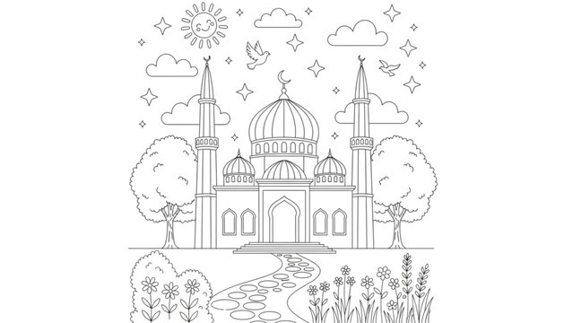 Creative Kids Coloring Page Mosque. Islamic Building Outline with Garden, Sun, and Stars. Educational Ramadan Activity