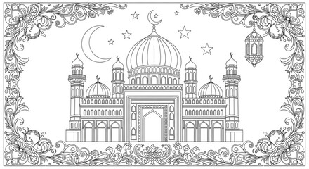 Obraz premium Ramadan Eid Mubarak Coloring Page with Intricate Mosque Crescent Moon Stars and Ornate Islamic Border for Celebration Design