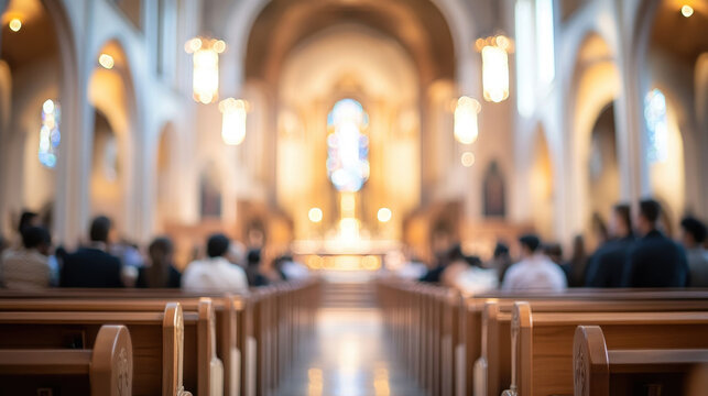 Blurred background of the interior of a Catholic church, parishioners in pews, Sunday service, Christian faith, religious architecture, nave, altar, stained glass windows, out-of-focus photo, bokeh