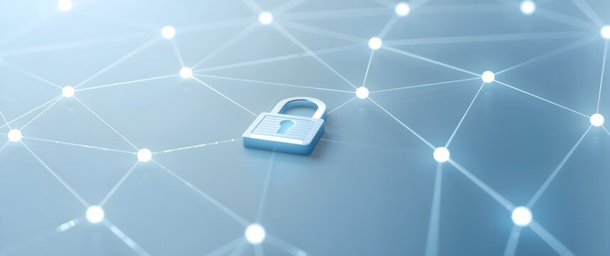 Glowing digital padlock icon connected to network nodes on light blue background