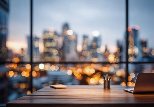 A modern wooden office desk with laptop and stationery, set against a blurred urban cityscape with evening lights. Ideal for business and workspace concepts.