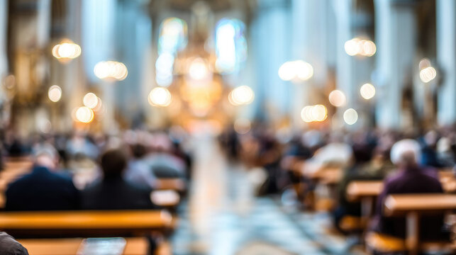 Blurred background of the interior of a Catholic church, parishioners in pews, Sunday service, Christian faith, religious architecture, nave, altar, stained glass windows, out-of-focus photo, bokeh