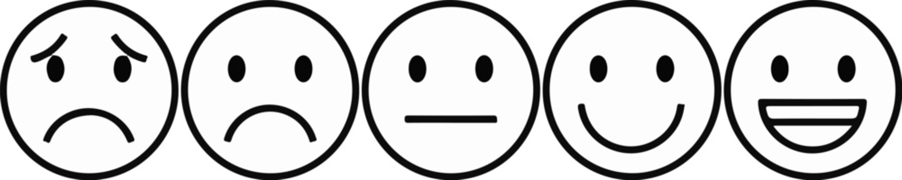 Five simple facial expressions showing a range of emotions from sadness to joy