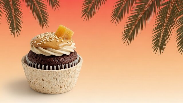 A chocolate cupcake with white frosting and a piece of fruit on top against a colorful background with pine branches
