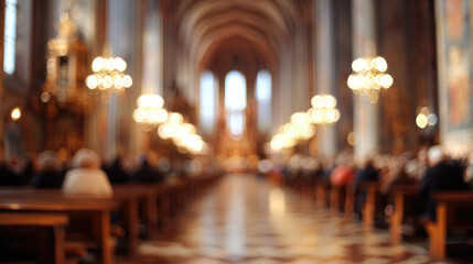 Fototapeta premium Blurred background of the interior of a Catholic church, parishioners in pews, Sunday service, Christian faith, religious architecture, nave, altar, stained glass windows, out-of-focus photo, bokeh