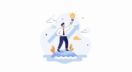 Fototapeta premium Man holding idea lightbulb on island with growth arrow and clouds