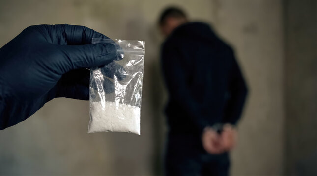 Police evidence bag with seized drugs and handcuffed suspect in background. Narcotics crime and drug trafficking concept. 