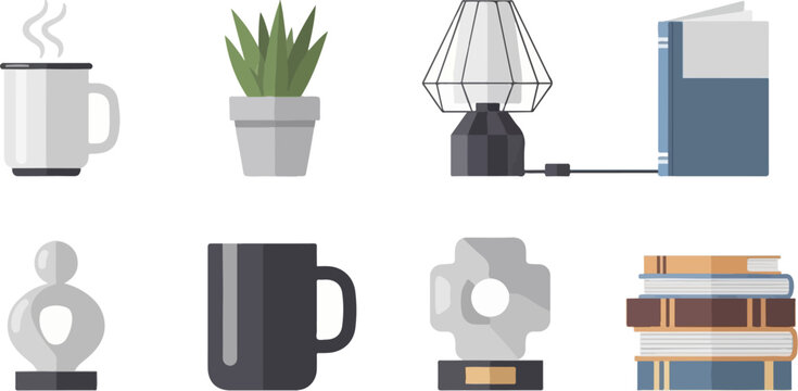 Collection of items including hot beverage cup, potted plant, lamp, and books