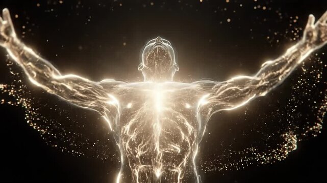 Silhouette of a glowing human figure with outstretched arms, surrounded by golden energy and sparks against a dark background