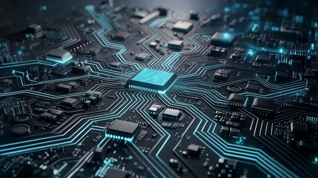 Close up view of futuristic computer microchip with glowing circuits and electronic components