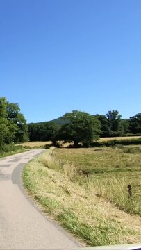 Scenic countryside road bordered by grassy fields and distant hills under a clear blue sky in the Morvan region of France.