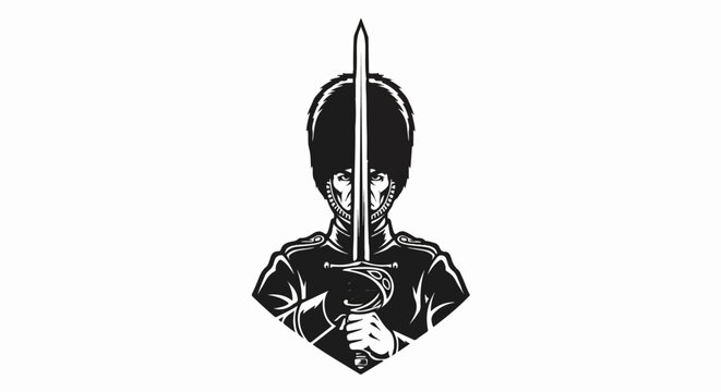 Fierce guard in bearskin hat holds a sharp sword, sternly facing forward