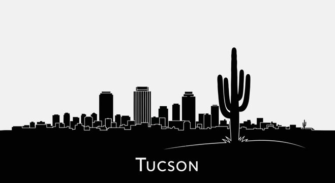 Tucson Skyline Silhouette with Saguaro Cactus - Arizona Cityscape