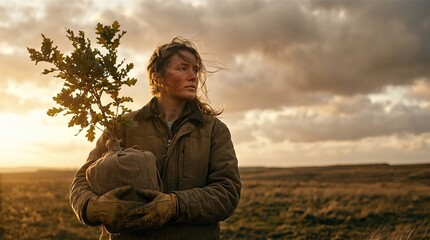Young woman holding a small tree for planting in a field. Earth day volunteer with a sapling for reforestation. Environmental protection and ecological conservation concept at sunset to save nature