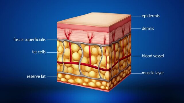 3D human skin anatomy with detailed layers and labels on blue background