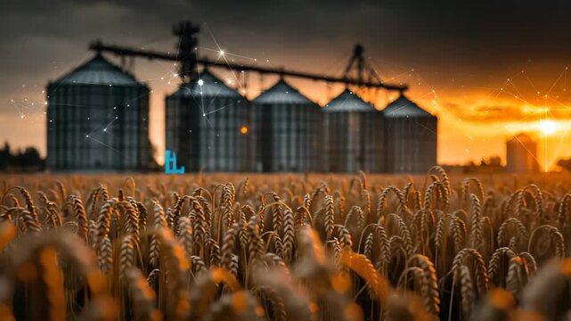 Harvest time shows grain fields and silos at sunset with bright colors in the sky