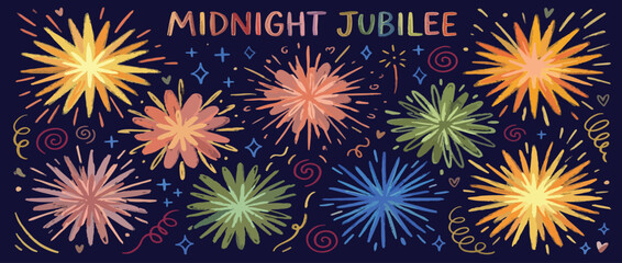 Funky crayon drawn confetti and fireworks on dark background. Childish doodle fireworks icon collection. Sketch burst, explosion, hand drawn firecracker at night. Doodle sunbeams, swirls and circles.