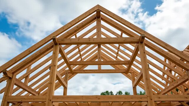 Wooden timber frame of a house under construction. Structural beams and rafters against a blue sky. Residential building project