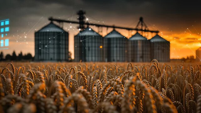 Harvest time with grain silos at sunset in a rural area with golden wheat fields