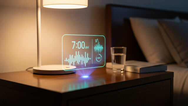 Smart alarm clock with projection display on bedside table in a cozy bedroom setting at morning time with ambient light