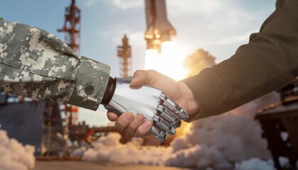 A symbolic handshake between a human and a robot, with a rocket launch in the background, representing technological advancement and collaboration. 
