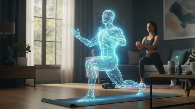 Woman practicing yoga at home with digital holographic avatar guidance in a modern living room setting with technology integration