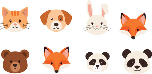 Obraz premium Cute Animal Face Icon Set with Cat Dog Rabbit Fox Bear and Panda Cartoon Character Heads Vector Illustration Collection
