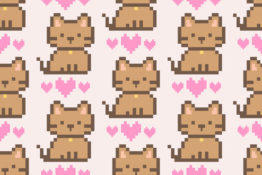 Cute Pixel Cat Seamless Pattern &ndash; Kawaii 8 Bit Kitty Background with Hearts for Kids, Game Design and Textile Vector