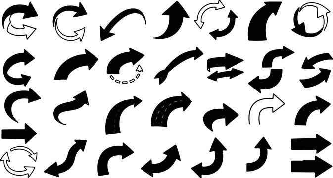 Collection of diverse black and white arrow shapes and orientations