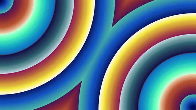 A meditative background with diverging circles from the corners. Bright gradient animation in the style of pop art. Hypnotic pattern with intersecting rainbow rings.