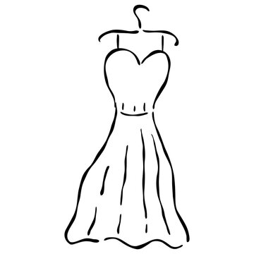 Hand-Drawn Wedding Dress Doodle on Hanger, Elegant Bridal Gown and Fashion Sketch Element.