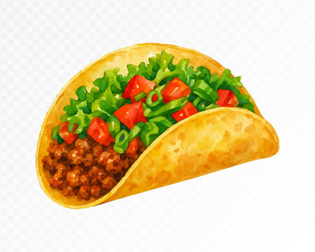 Watercolor style illustration of taco filled with minced meat, lettuce and tomato, vibrant Mexican street food isolated for restaurant menu design, packaging and culinary branding. Vector illustration