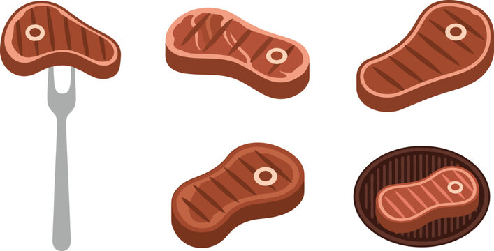 Grilled Steak Meat Collection with BBQ Beef Cuts, Fork, Grill Pan and Juicy Barbecue Food Illustration Vector Set