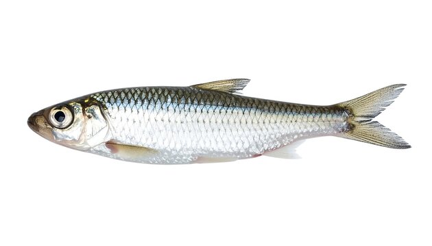 A small silver fish with blue and green scales on a white background