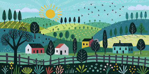 Stylized landscape with rolling hills trees houses and a bright sun © Rahul