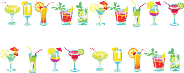 Vector illustration of assorted colorful cocktails in unique glasses with fruit garnishes, umbrellas, straws, and herbs, symbolizing summer refreshment, party  © MstShefaly