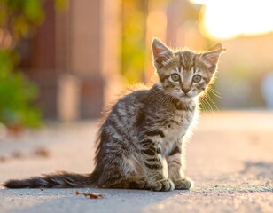 Obraz premium A small tabby kitten sitting on a sidewalk