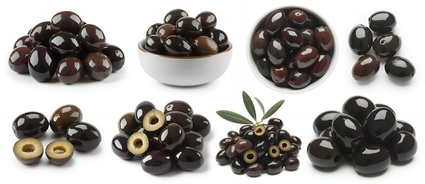 Various piles of black olives on white background bowl