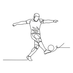 A minimalist line art illustration of a soccer player kicking a ball in a dynamic pose