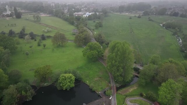 Aerial drone flight over Castle Fields medieval ridge and furrow patterns Barton Seagrave Northamptonshire